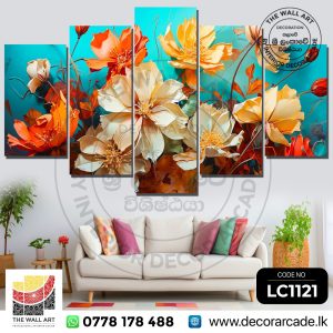LC1121-Abstract White Mixed Orange Flowers In Blue Background Wall Art