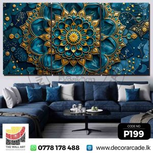 P199-Blue And Gold Flower With Gold Dots Wall Art